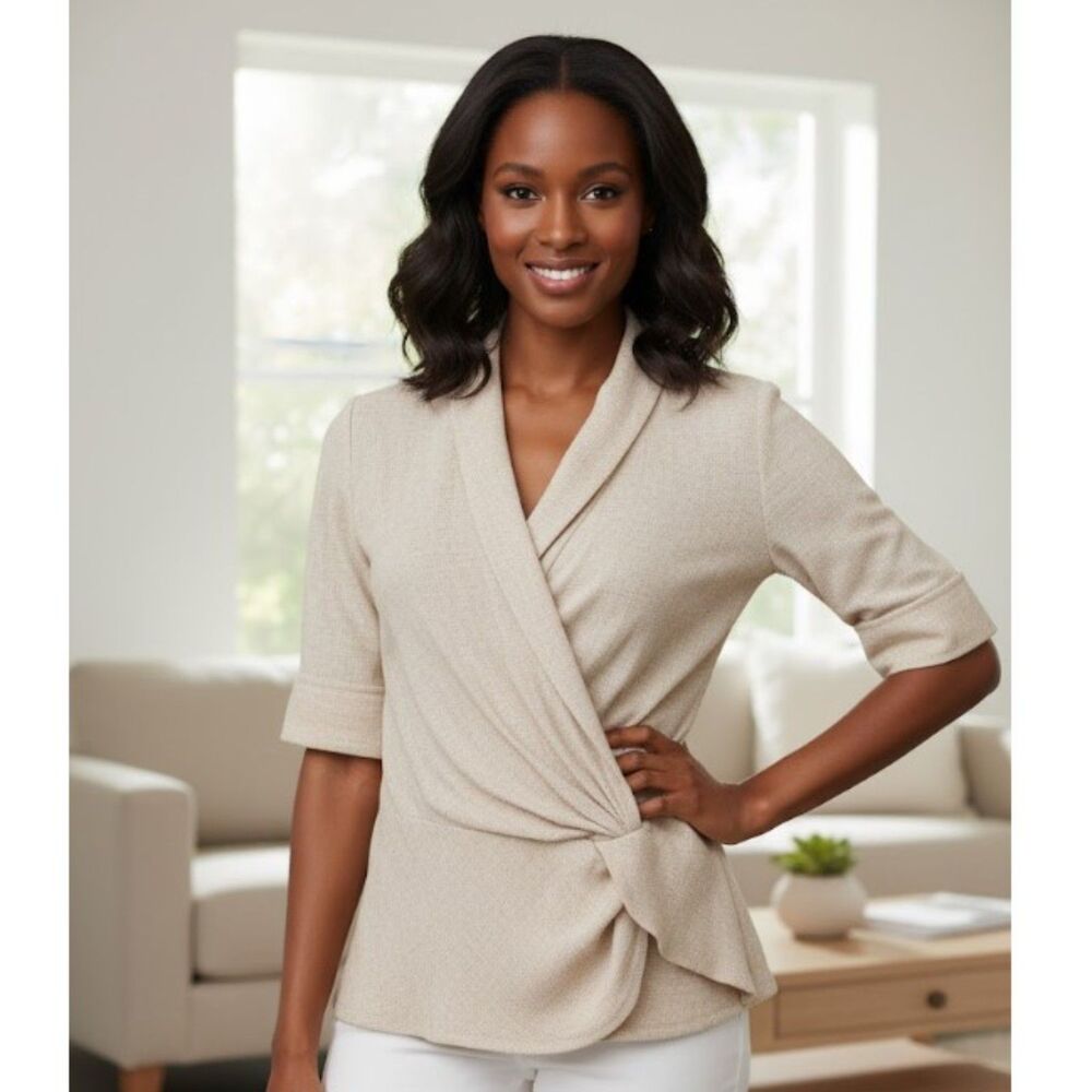 Zara Blouse Beige Linen Blend Wrap Ruffled Accent Top Womens Size S